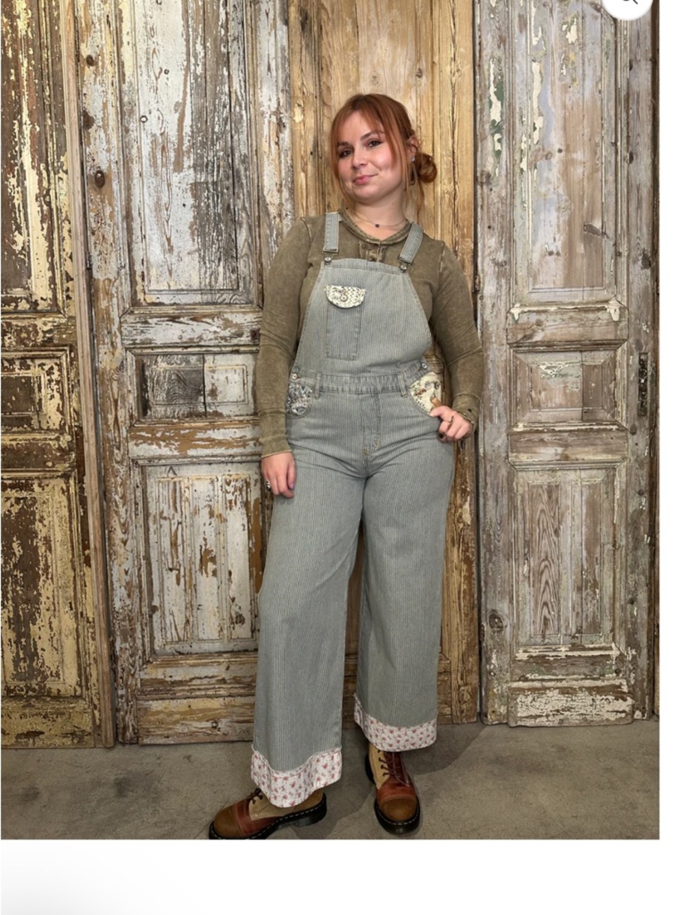 Striped Cotton Overall Jumpsuit with Patch Pocket Accents - Gray